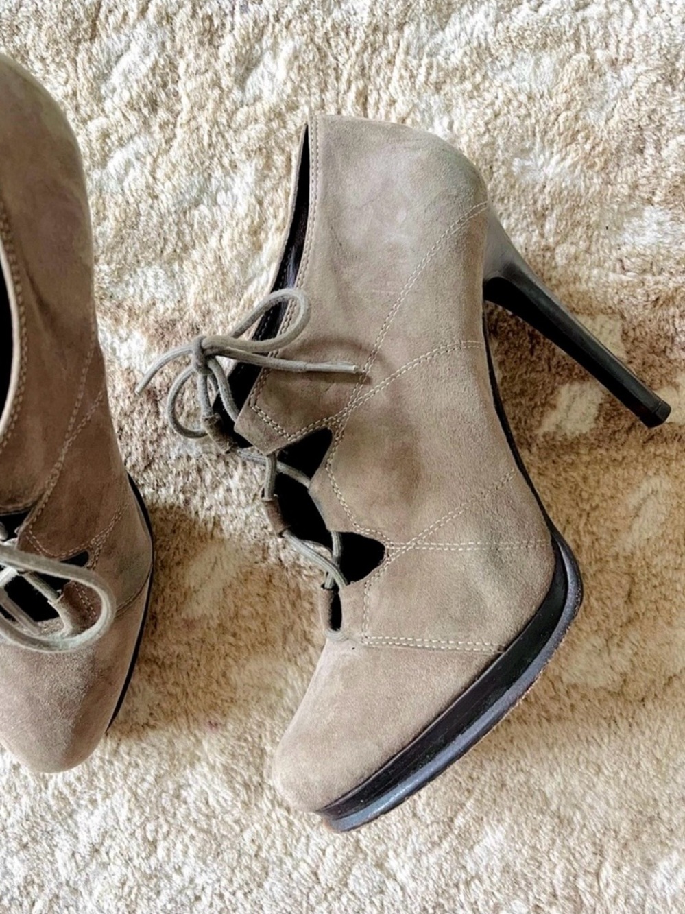 Diane Von Furstenberg Guardian Suede Taupe Lace-Up High Heel Booties Size 7 1/2